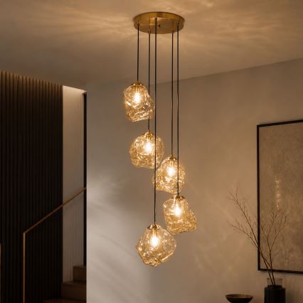 Lysekrone på ledning CRISTAL 5xE14/15W/230V messing/røgfarvet beige