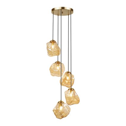 Lysekrone på ledning CRISTAL 5xE14/15W/230V messing/røgfarvet beige