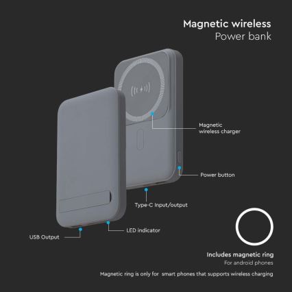 Magnetisk powerbank med trådløs opladning Power Delivery 10 000mAh/20W/3,7V grå