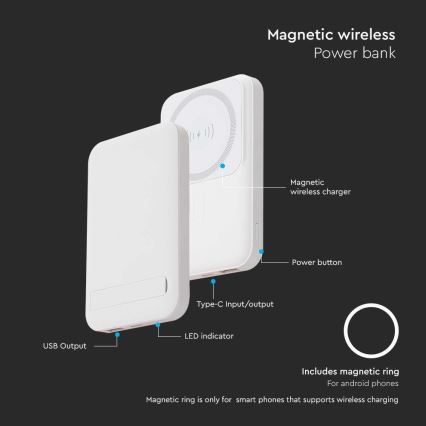 Magnetisk powerbank med trådløs opladning Power Delivery 10 000mAh/20W/3,7V hvid