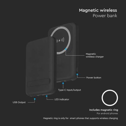 Magnetisk powerbank med trådløs opladning Power Delivery 10 000mAh/20W/3,7V sort