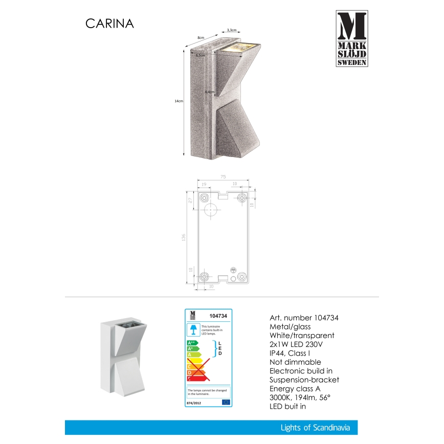 Markslöjd 104734 - Udendørs LED væglampe CARINA 2xLED/1W/230V IP44