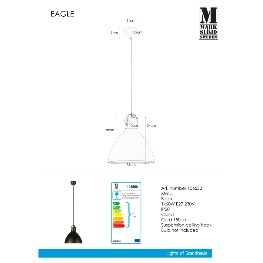 Markslöjd 106550 - Lysekrone i en snor EAGLE 1xE27/60W/230V