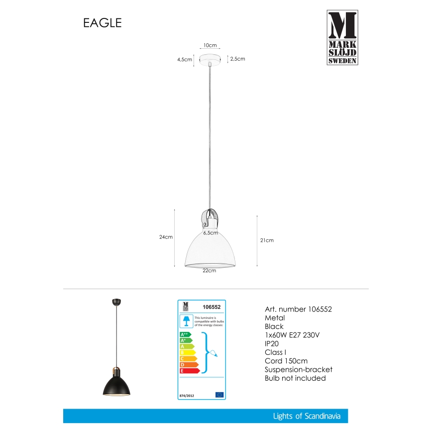 Markslöjd 106552 - Pendel EAGLE 1xE27/60W/230V sort