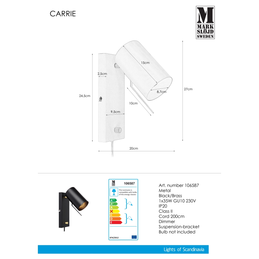 Markslöjd 106587 - Lysdæmpende væglampe CARRIE 1xGU10/35W/230V antik sort