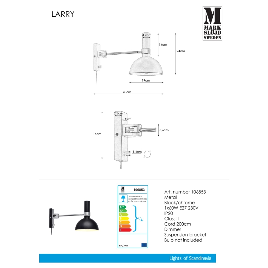 Markslöjd 106970 - Lysdæmpende væglampe LARRY 1xE27/60W/230V