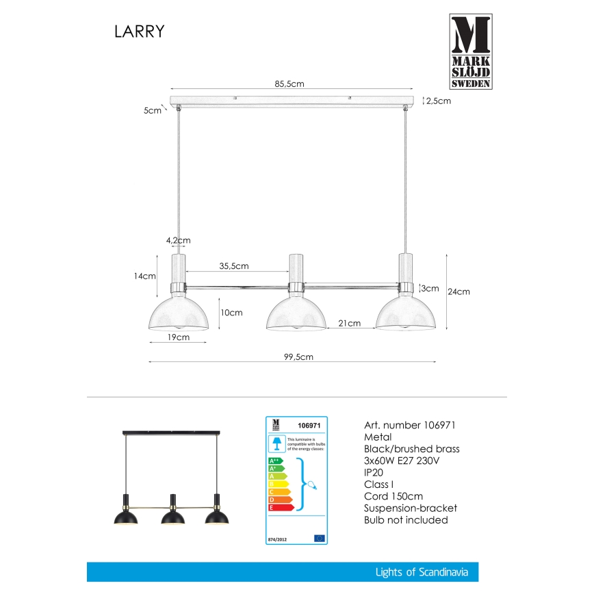 Markslöjd 106971 - Lysekrone i snor LARRY 3xE27/60W/230V sort/gylden