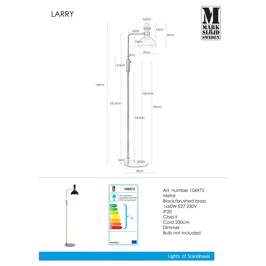 Markslöjd 106972 - Gulvlampe dæmpbar LARRY 1xE27/60W/230V antik sort/gylden