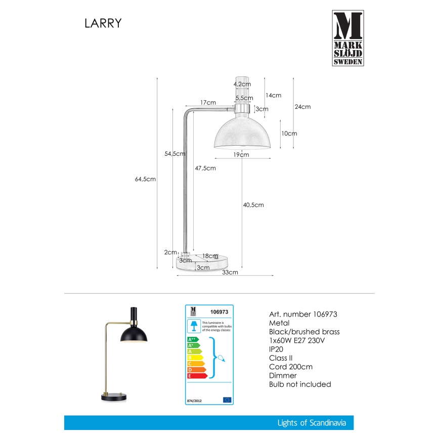 Markslöjd 106973 - Lysdæmpende bordlampe LARRY 1xE27/60W/230V