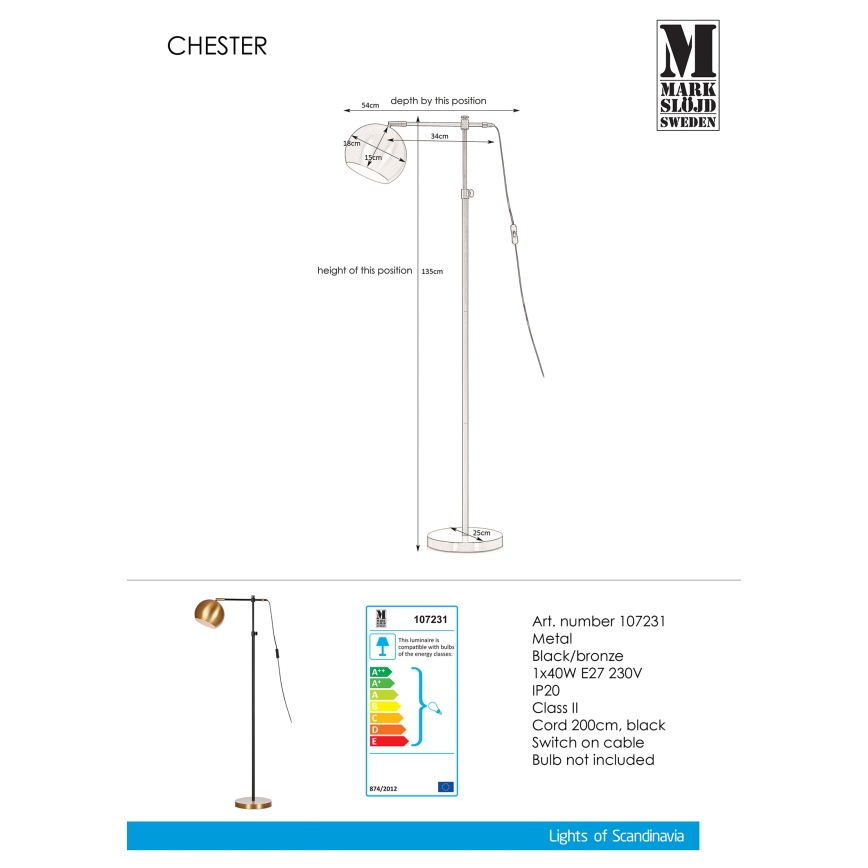 Markslöjd 107231 - Gulvlampe CHESTER 1xE27/40W/230V