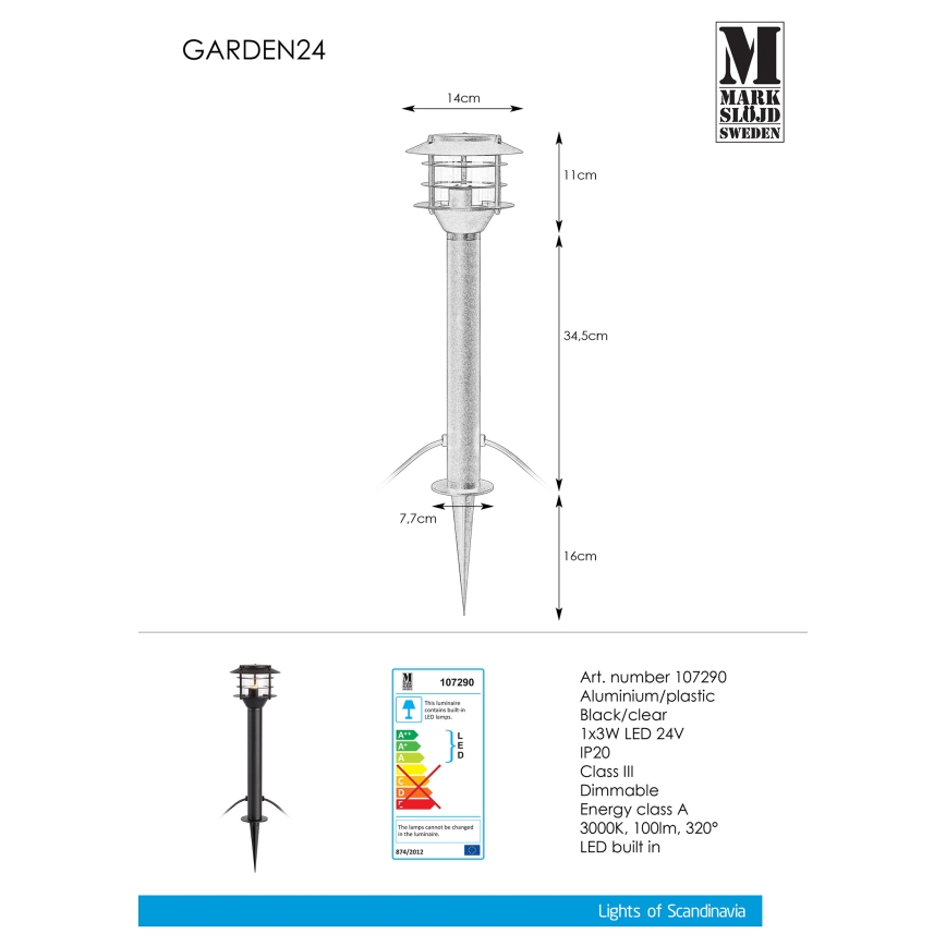 Markslöjd 107290 - LED udendørslampe GARDEN 24 LED/3W/24V 45 cm IP44 sort