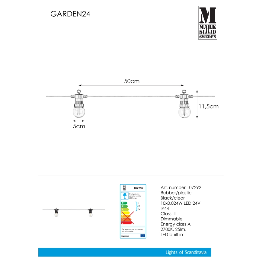Markslöjd 107292 - Udendørs LED lyskæde GUIRLANDE GARDEN 10xLED 5,5m IP44