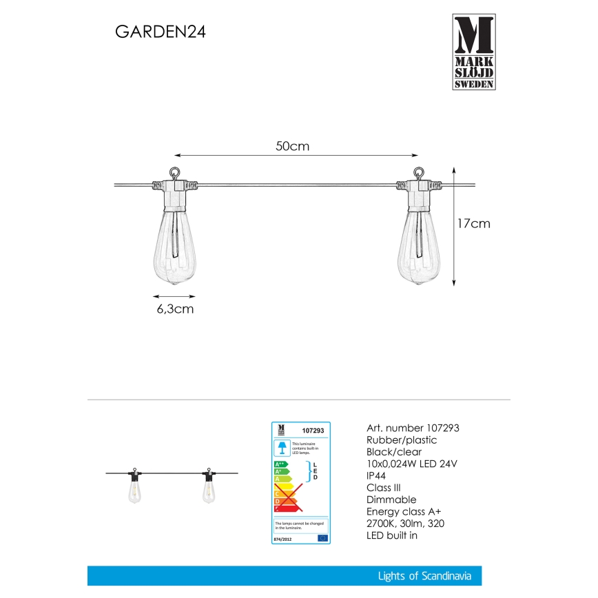 Markslöjd 107293 - Udendørs LED lyskæde GUIRLANDE GARDEN 10xLED 5,5m IP44