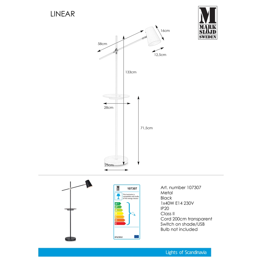 Markslöjd 107307 - Gulvlampe s USB LINEAR 1xE14/40W/230V
