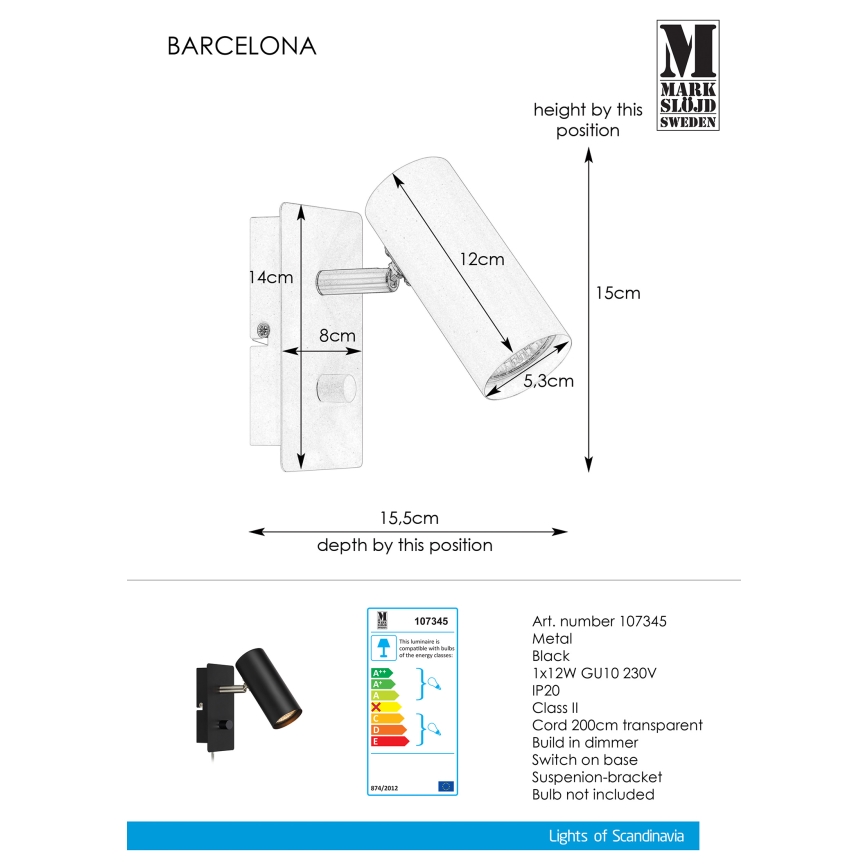 Markslöjd 107345 - Vægspot dæmpbar BARCELONA 1xGU10/12W/230