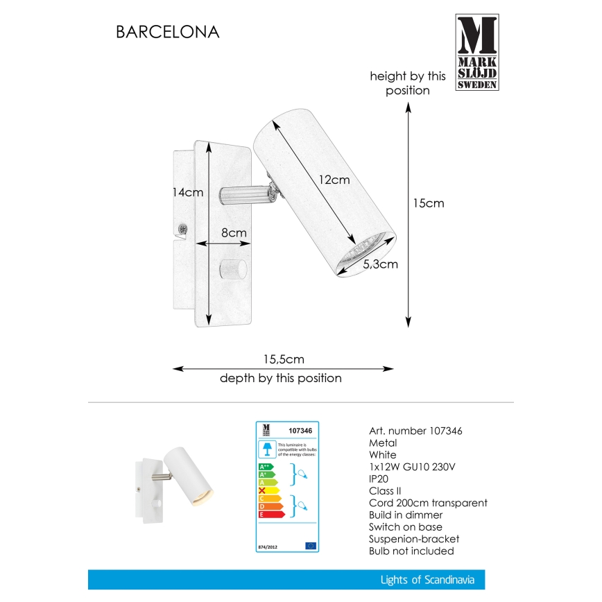 Markslöjd 107346 - Vægspot dæmpbar BARCELONA 1xGU10/12W/230