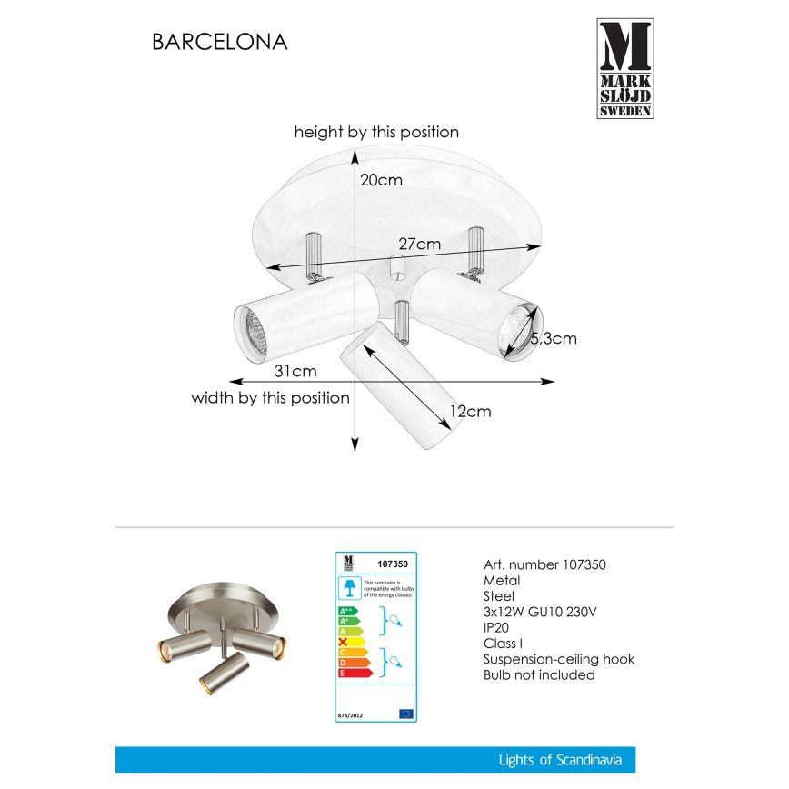 Markslöjd 107350 - Spotlys BARCELONA 3xGU10/12W/230V