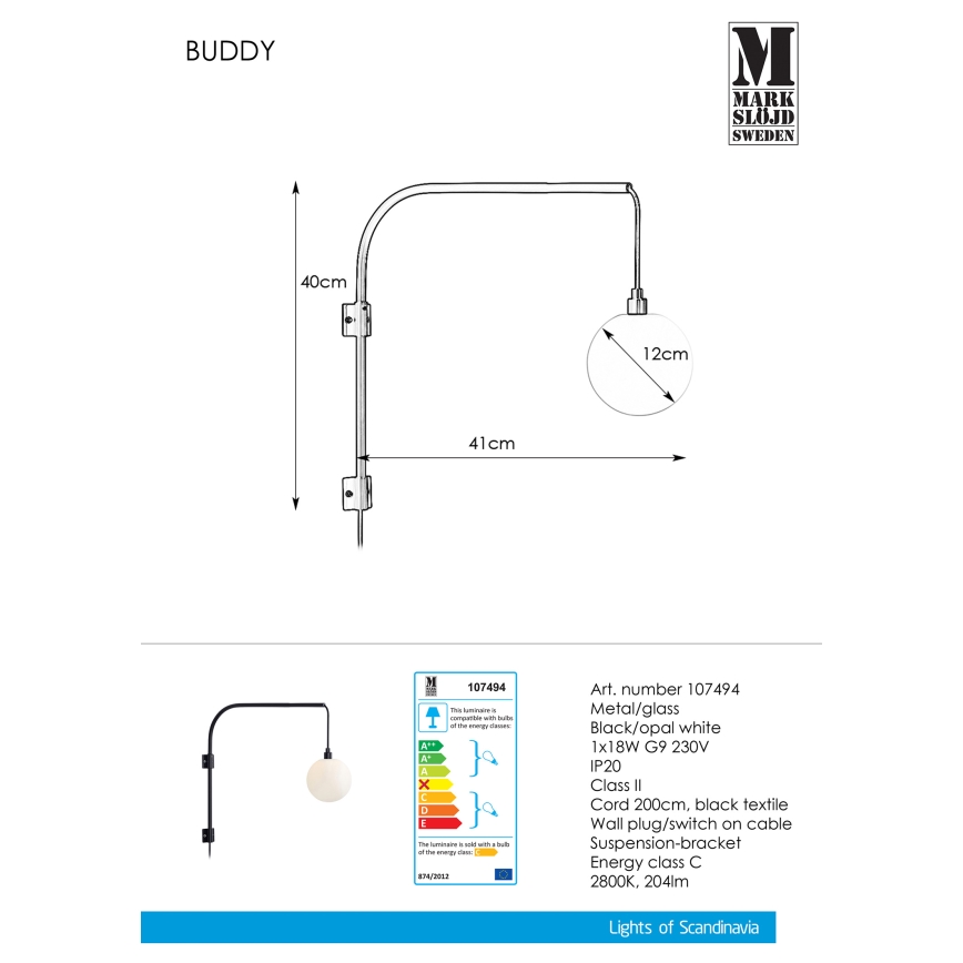 Markslöjd 107494 - Væglampe BUDDY 1xG9/18W/230V