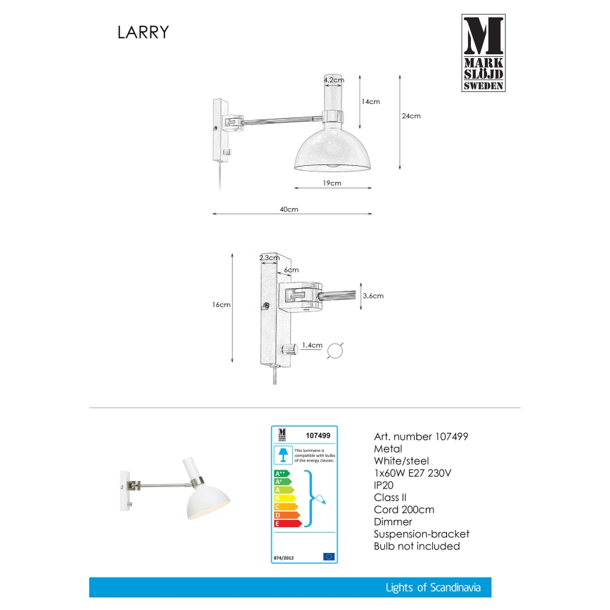 Markslöjd 107499 - Lysdæmpende væglampe LARRY 1xE27/60W/230V