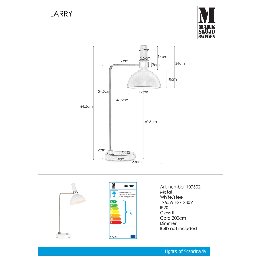 Markslöjd 107502 - Lysdæmpende bordlampe LARRY 1xE27/60W/230V