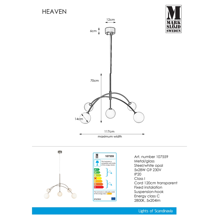 Markslöjd 107559 - Lysekrone i en snor HEAVEN 5xG9/28W/230V