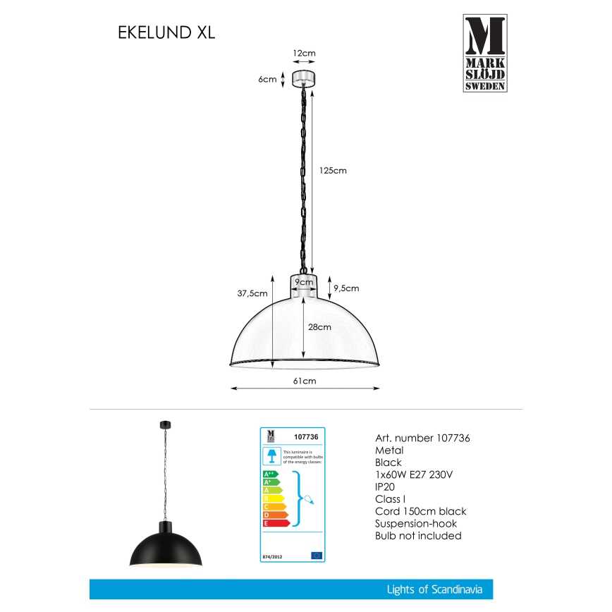 Markslöjd 107736 - Lysekrone i kæde EKELUND 1xE27/60W/230V