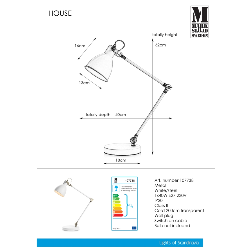 Markslöjd 107738 - Bordlampe HOUSE 1xE27/40W/230V