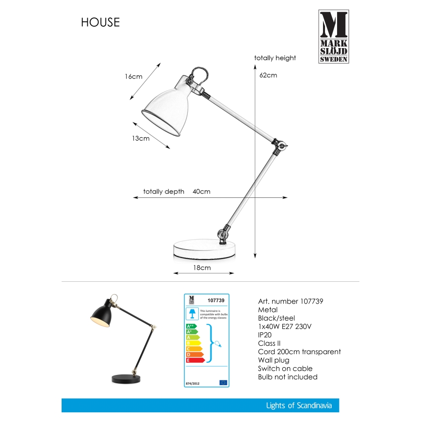 Markslöjd 107739 - Bordlampe HOUSE 1xE27/40W/230V