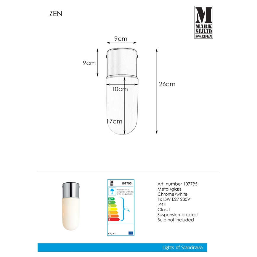 Markslöjd 107795 - Badeværelses loftslampe ZEN 1xE27/15W/230V IP44