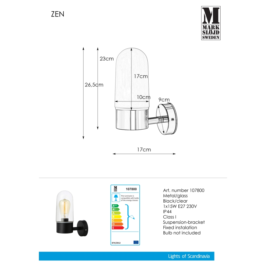 Markslöjd 107800 - Badeværelses væglampe ZEN 1xE27/15W/230V IP44