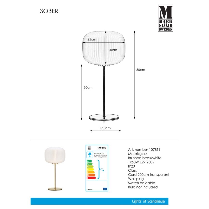 Markslöjd 107819 - Bordlampe SOBER 1xE27/60W/230V hvid/messing