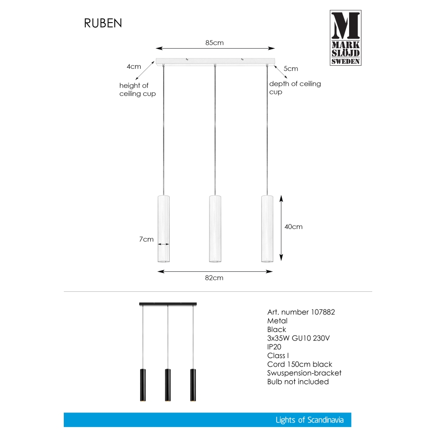 Markslöjd 107882 - Lysekrone i en snor RUBEN 3xGU10/35W/230V