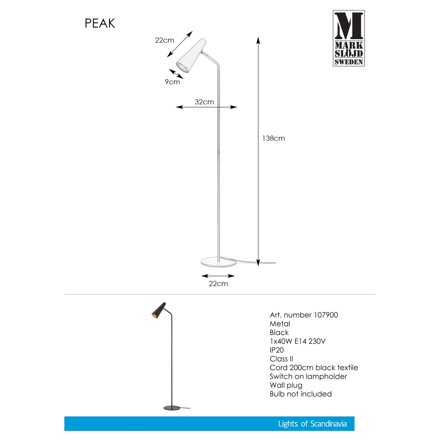 Markslöjd 107900 - Gulvlampe PEAK 1xE14/40W/230V