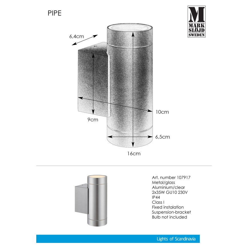Markslöjd 107917 - Udendørs væglys PIPE 2xGU10/35W/230V IP44