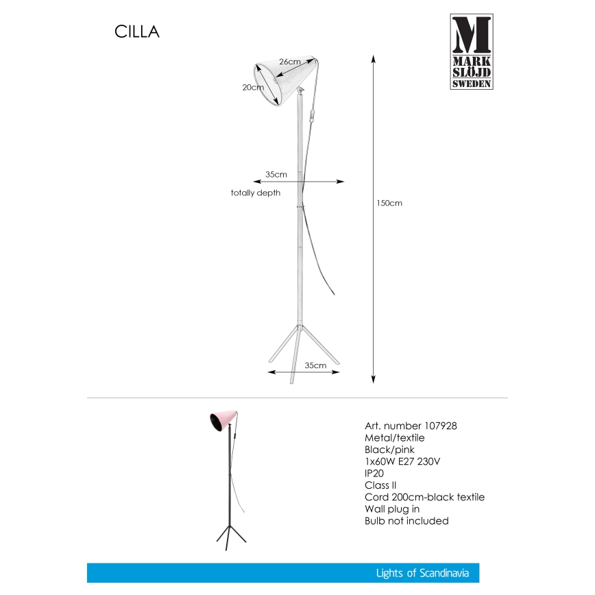 Markslöjd 107928 - Gulvlampe CILLA 1xE27/60W/230V