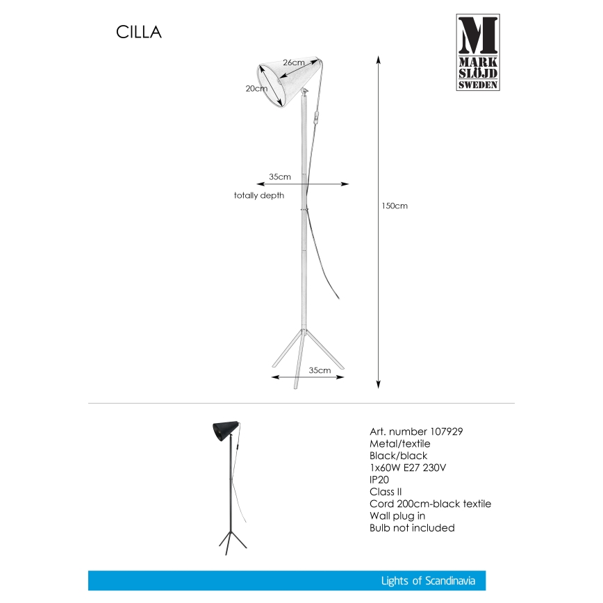 Markslöjd 107929 - Gulvlampe CILLA 1xE27/60W/230V
