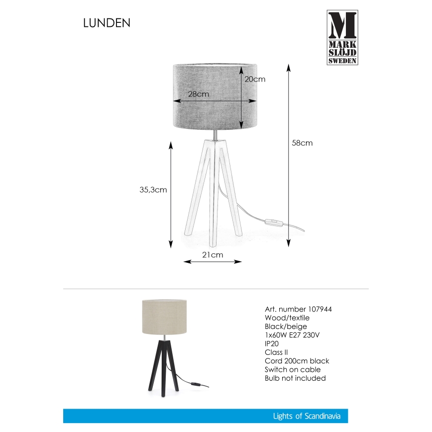 Markslöjd 107944 - Bordlampe LUNDEN 1xE27/60W/230V