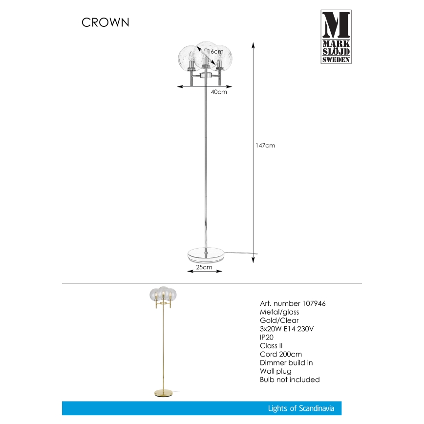 Markslöjd 107946 - Gulvlampe CROWN 3xE14/20W/230V