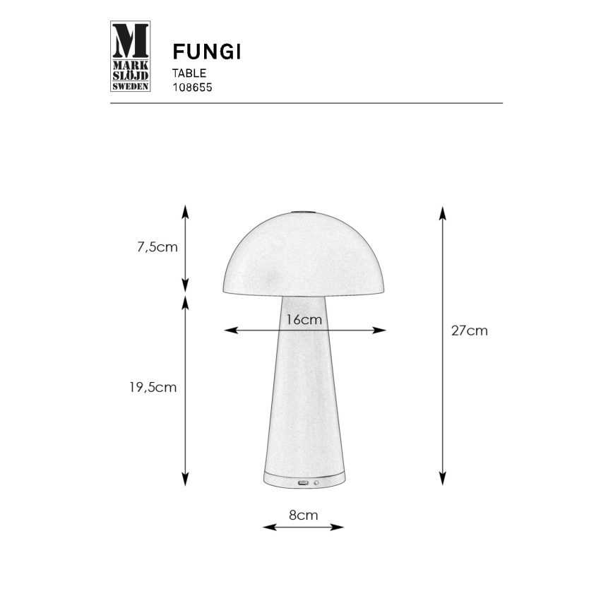 Markslöjd 108655 - LED lampe dæmpbar og genopladelig FUNGI LED/1,5W/5V IP44 sort