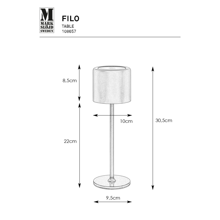 Markslöjd 108657 - LED Bordlampe dæmpbar og genopladelig FILO LED/2W/5V IP44 30 cm sort