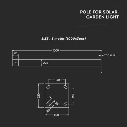 Metalstang med base til solcellelampe 3 m