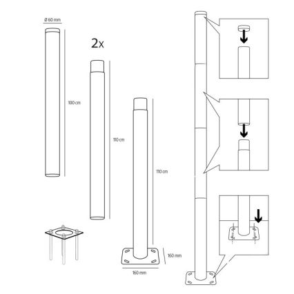 Metalstang til udendørs lygtepæl BASE, 4 m, Ø 60 mm, sort