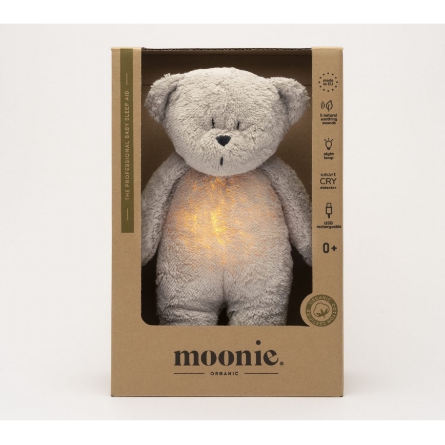 Moonie - Krammedyr med melodi og lys lille bjørn 2.0 organic grå