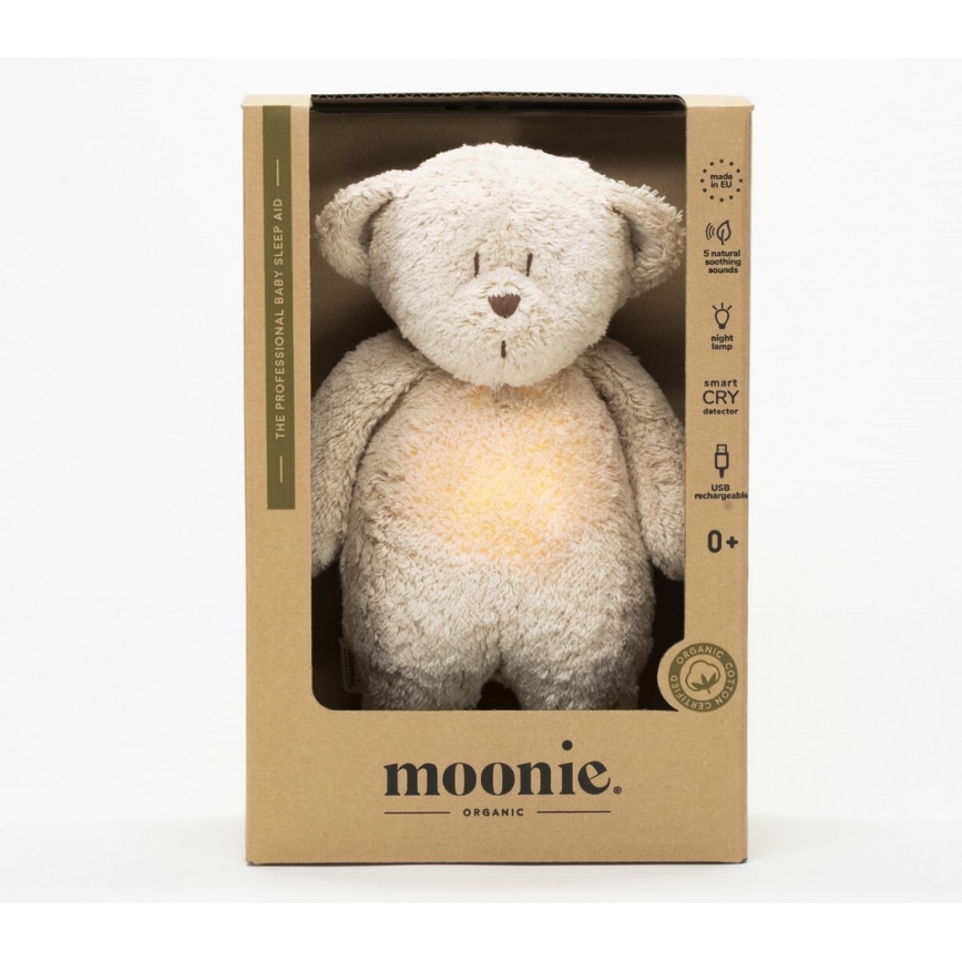 Moonie - Krammedyr med melodi og lys lille bjørn 2.0 organic sandfarvet