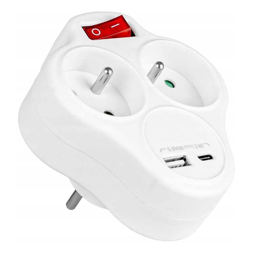 Multistikdåse med afbryder, 2 stikkontakter + USB-C + USB-A