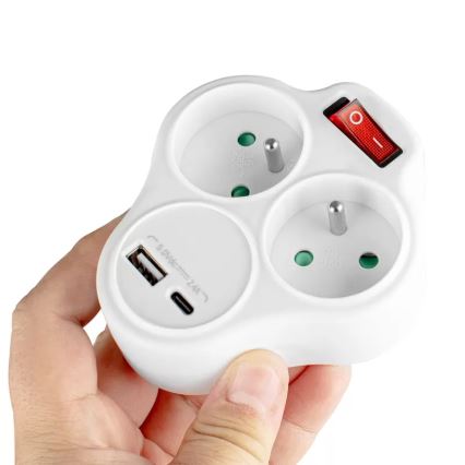 Multistikdåse med afbryder, 2 stikkontakter + USB-C + USB-A