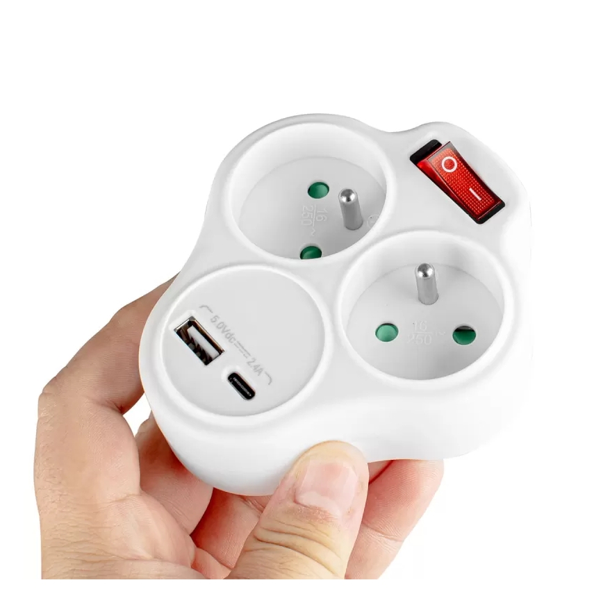 Multistikdåse med afbryder, 2 stikkontakter + USB-C + USB-A