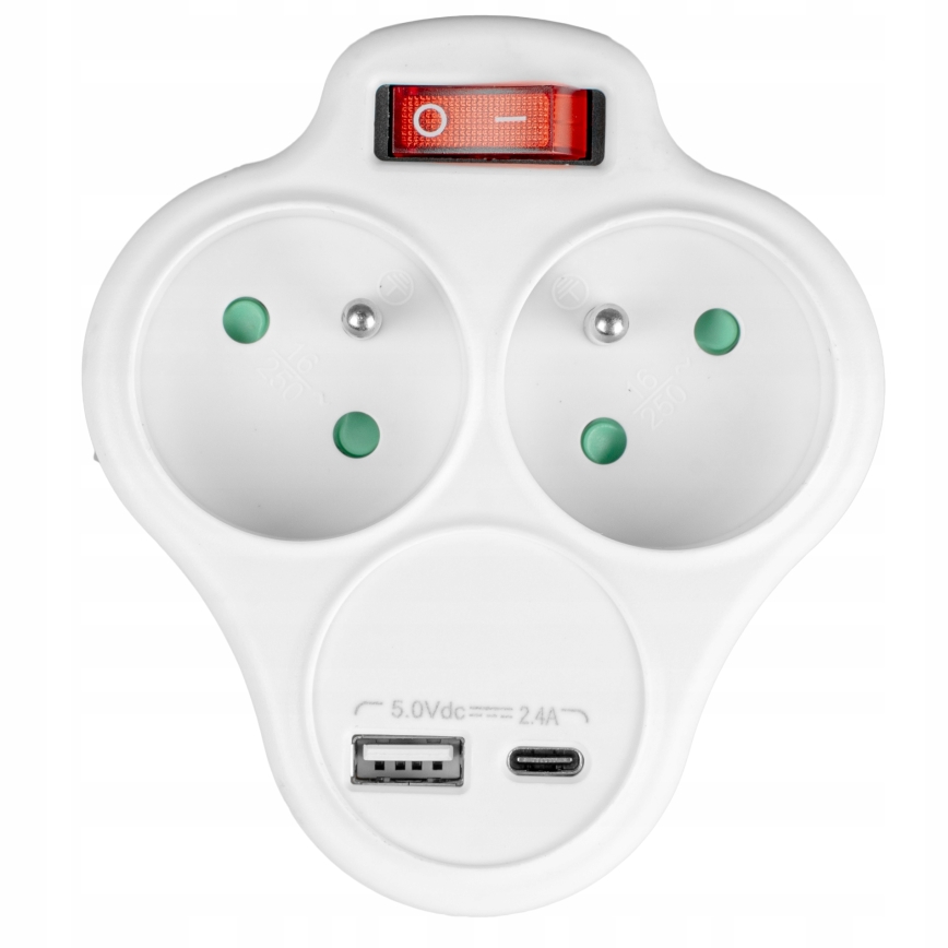 Multistikdåse med afbryder, 2 stikkontakter + USB-C + USB-A