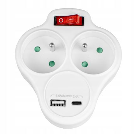 Multistikdåse med afbryder, 2 stikkontakter + USB-C + USB-A