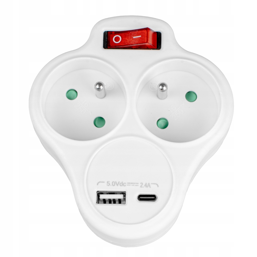 Multistikdåse med afbryder, 2 stikkontakter + USB-C + USB-A